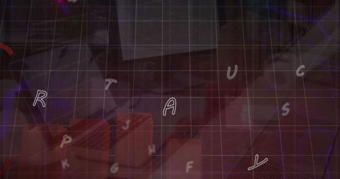 Futuristic digital grid with floating letters and block design