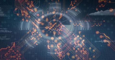 Pulsing cybernetic hub sending neon circuit traces across futuristic blue grid interface