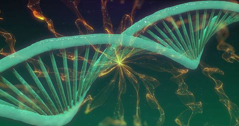 Abstract DNA Strand with Glowing Light on Green Background