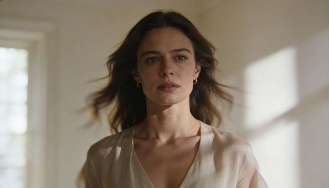 Serene woman posing in sunlit minimal interior wearing cream blouse and gold hoop earrings