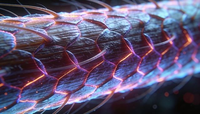 Glowing hair cuticle macro closeup with iridescent scales and neon edge lighting under microscope