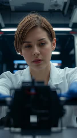 Young Scientist Calibrating Optical Alignment Rig at Lab Bench Vertical Video Clip