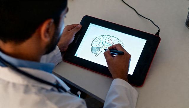 Clinician drawing digital brain anatomy diagram on tablet with stylus for neurology