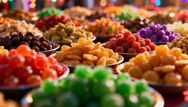 Vibrant bowls of candied fruit and assorted sweets displayed on colorful market counter