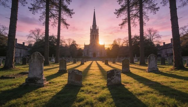 Backlit church spire framed by graveyard aisle and long pine shadows at sunrise