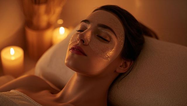 Young woman relaxing with gold hydrogel face mask and under-eye patches in candlelit spa