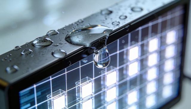 Macro led panel corner with hanging water droplet on metal frame and illuminated diffuser grid