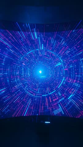 Projector projecting neon tunnel with radial streaks onto curved screen vertical demo