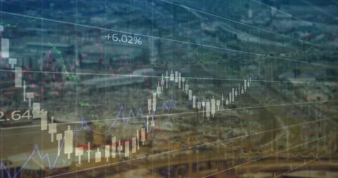 Financial data processing over cityscape background