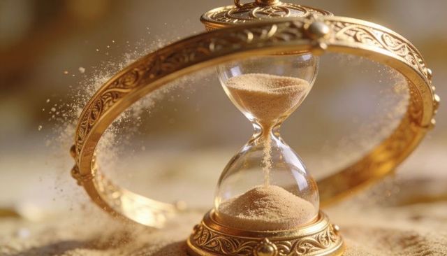 Flowing ornate hourglass pouring fine sand with filigree ring and warm glow