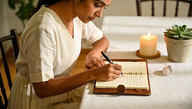Woman writing in planner at candlelit table, cozy journaling for mindful planning