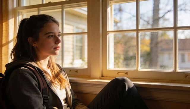 Teen girl sitting on window sill gazing outside in warm sunlight, contemplative mood