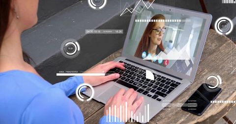 Remote work dashboard woman typing on laptop during video call with HUD analytics overlays