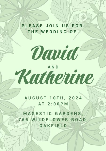 This elegant greenery-themed wedding invitation is perfect for eco-friendly and garden weddings. The design features beautiful leaf illustrations and floral elements, set on a calming green background, making it ideal for nature-inspired and minimalist wedding celebrations. It serves as an invitation for the big celebration, emphasizing its natural and sophisticated aesthetic.