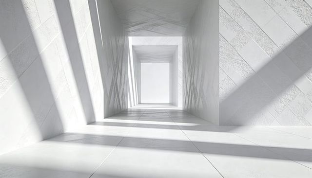 Minimalist White Corridor with Receding Frames and Dramatic Light, Monochrome Perspective