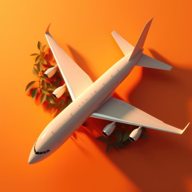 White airplane model is placed on a vivid orange background, complemented by leaf decorations. This striking composition merges elements of aviation and nature, perfect for travel advertisements, aviation-themed projects, and graphic design concepts. Bright colors and clean lines highlight themes of modernity and exploration.
