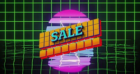 Retro neon grid background with sale pixel graphics