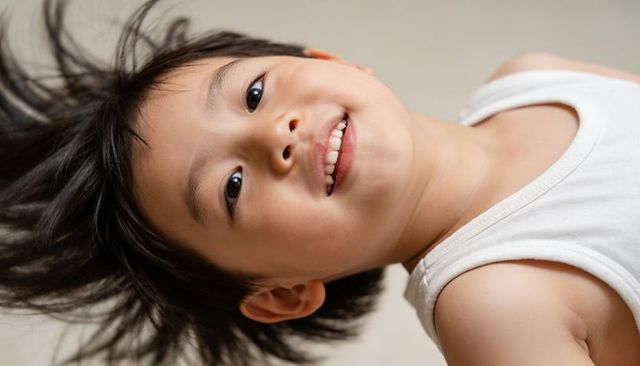 Smiling asian boy tilting head with tousled hair wearing white tank top cheerful closeup