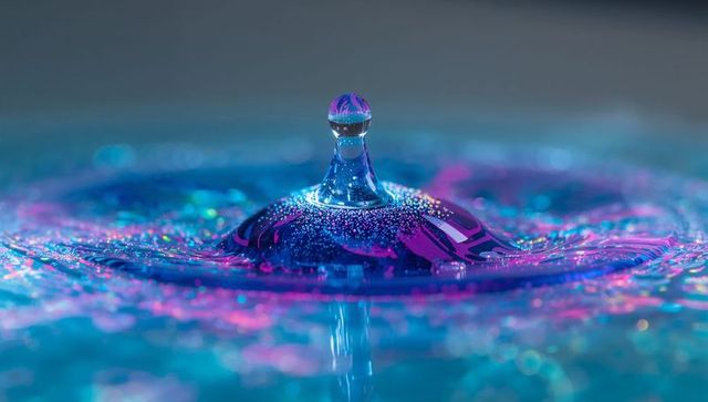 Neon water droplet forming crown while rising from iridescent cyan magenta macro splash