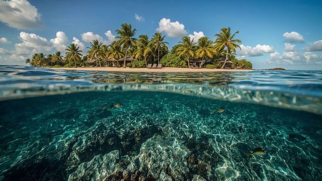 Tropical Paradise Island with Dual View of Beach and Coral Reef