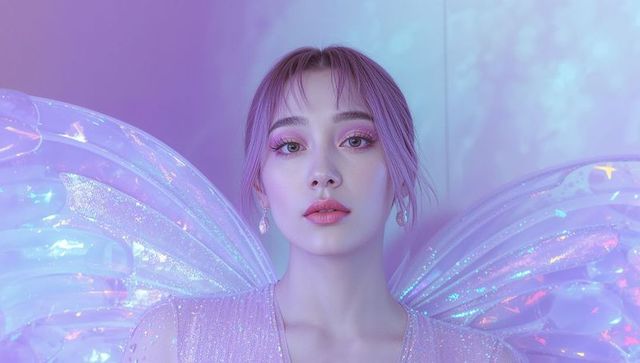 Ethereal Model with Holographic Wings in Pastel Fantasy Ambiance