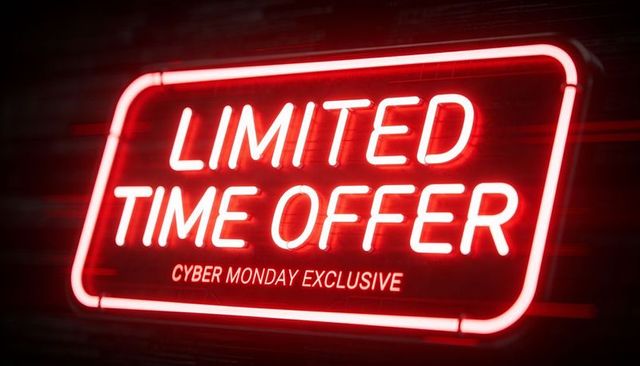 Glowing red neon sign displaying limited time offer cyber monday exclusive on dark wall