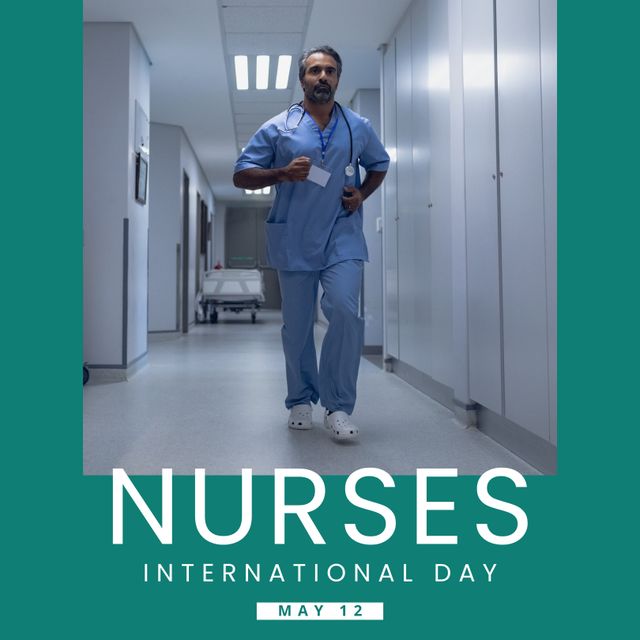 May 12 and international nurses day text over biracial male nurse running in hospital corridor. Composite, copy space, emergency, healthcare, awareness, honor and celebration concept.