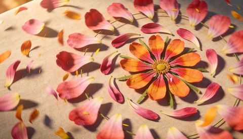 Radiating zinnia petal mandala arranging on textured linen with soft sunlight