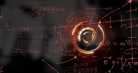 Futuristic interface overhead with illuminated math equations