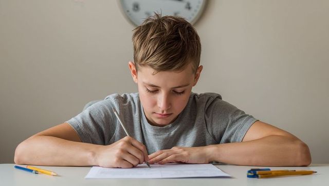 Focused teenage boy writing exam at study desk with wall clock minimalist classroom