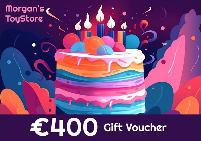 Perfect for sending as a birthday gift or celebrating special occasions, this vibrant and whimsical €400 gift voucher features a multicolored birthday cake with lit candles. Ideal for toy stores, party supplies sellers, and festive promotions. The design evokes joy and excitement and can be used for marketing campaigns geared towards children’s parties and events.