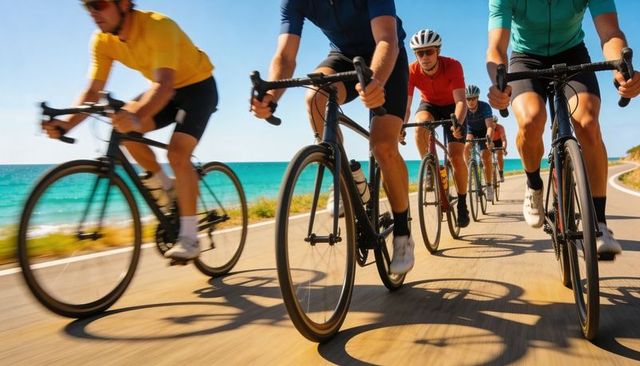 Coastal road cycling peloton drafting at high speed on sunny seaside route