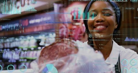 Grocery clerk smiling and gesturing with AR analytics overlay on supermarket aisle