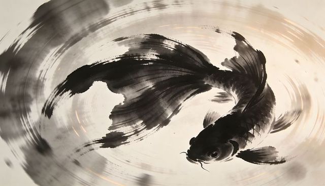 Sumi-e koi swirling in ink wash rings, monochrome carp brushstroke motion for wall art