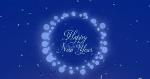 Happy New Year Text with Falling Confetti and Fairy Lights