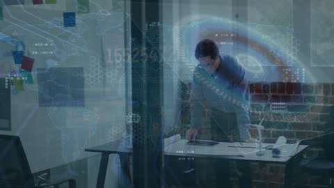 Futuristic Businessman Analyzing Global Data Overlay