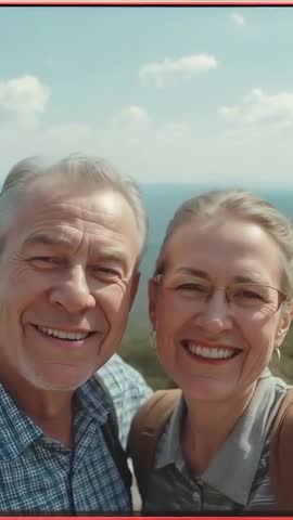 Seniors taking selfie at coastal lookout smiling on scenic hike vertical video