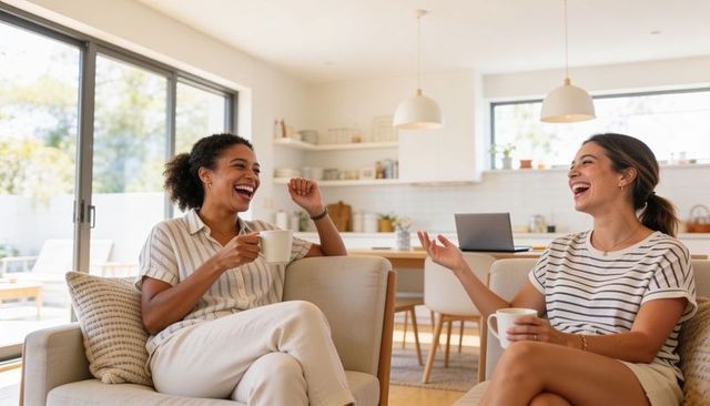 Laughing friends sipping coffee on modern bright sofa, open-plan kitchen, natural light