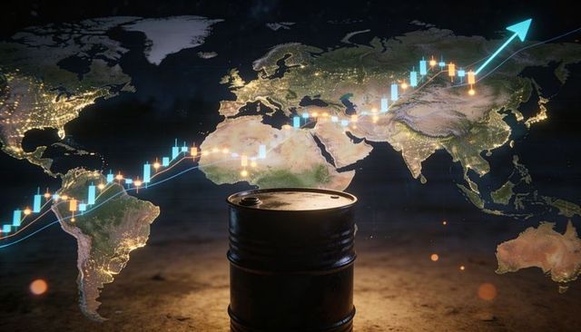 Depicting global oil price surge with barrel and rising candlestick chart overlay