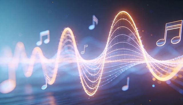 Pulsing Neon Soundwave with Floating Music Notes and Glowing Particle Trails