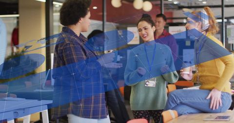 Infographic Interface Overlay Diverse Coworkers Discussing in Office