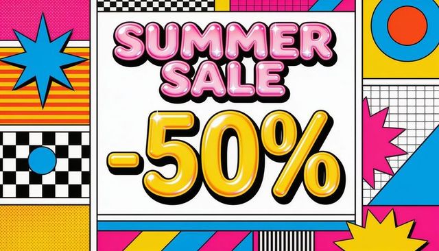 Retro pop art summer sale -50% bold neon typography with checkerboard color blocks