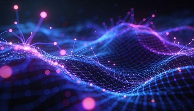Neon wireframe data wave with glowing nodes and futuristic digital grid