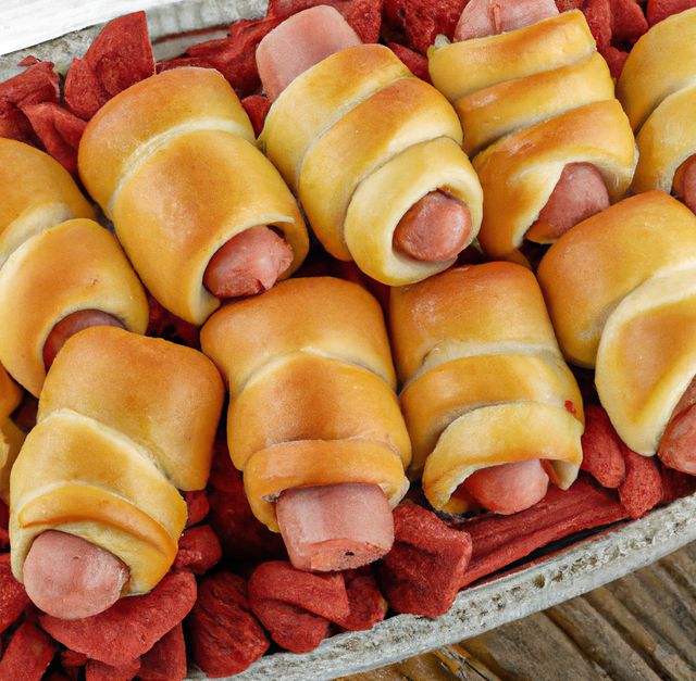 Baked pigs in blankets placed on vibrant red chips, making for an enticing party snack or appetizer display. Perfect for holiday gatherings, casual parties, picnics, or kid's events. Ideal for use in cooking blogs, party planning websites, food magazines, or advertising festive culinary delights.