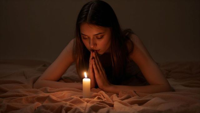 Candlelit Contemplation: Woman Gazing at Candle on Bed Wearing Nightwear