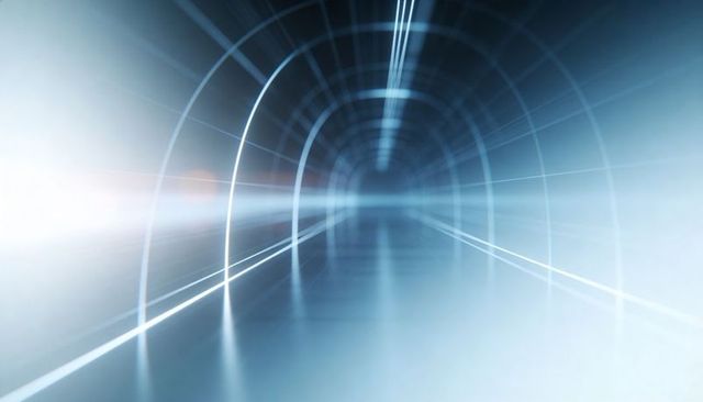Futuristic neon tunnel with glowing arches, reflective rails and symmetry