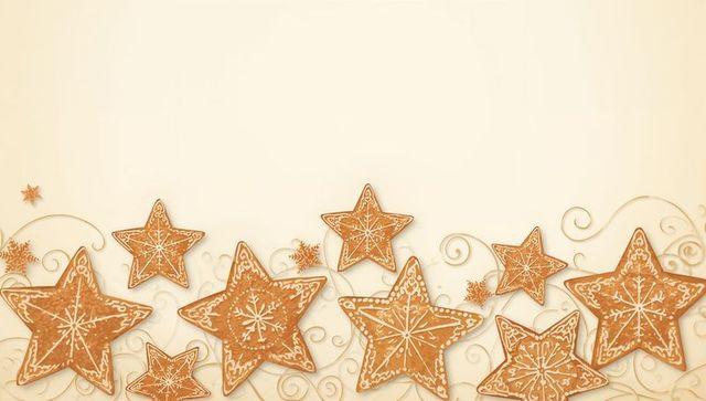 Gingerbread Star Cookies with White Snowflake Icing on Warm Beige Ornate Swirl Background