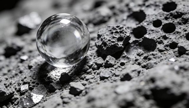 Crystal glass sphere resting on porous basalt rock reflecting mica flakes macro monochrome