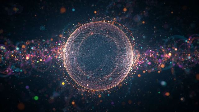 Luminous glowing sphere in dark virtual space with particle trails