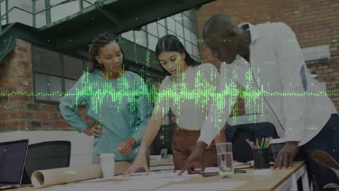 Diverse Team Collaborating Data Analysis Graphic Overlay